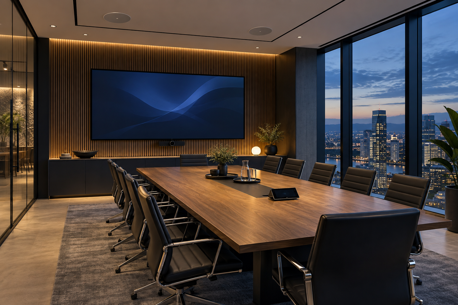 Conceptual modern meeting space with an integrated video display