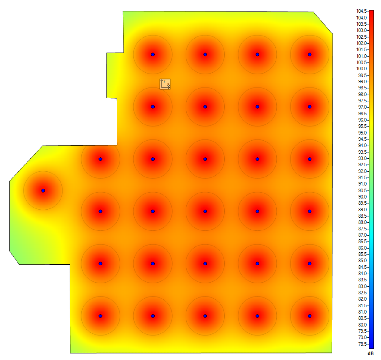 Modeled pendant-speaker coverage with speaker positions and a sound-pressure color scale